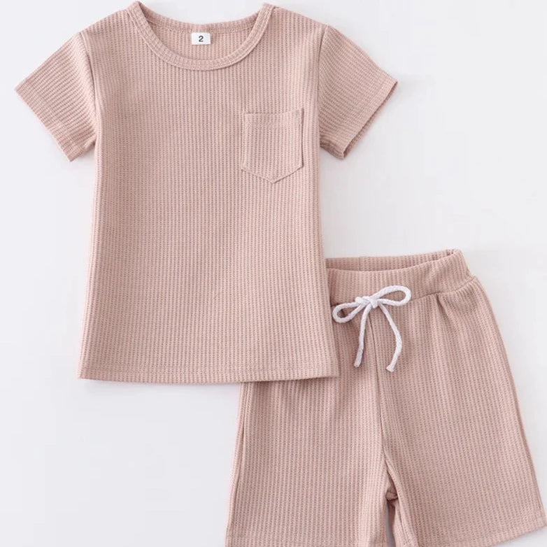 Honeydew Beige Ribbed Pocket Short Set