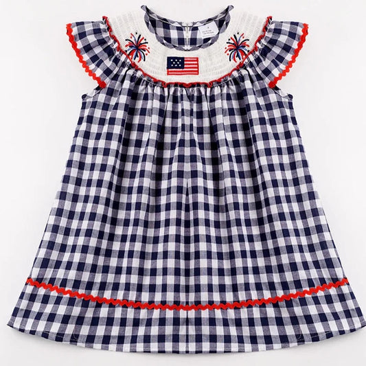 Honeydew Plaid Smocked Patriotic Dress